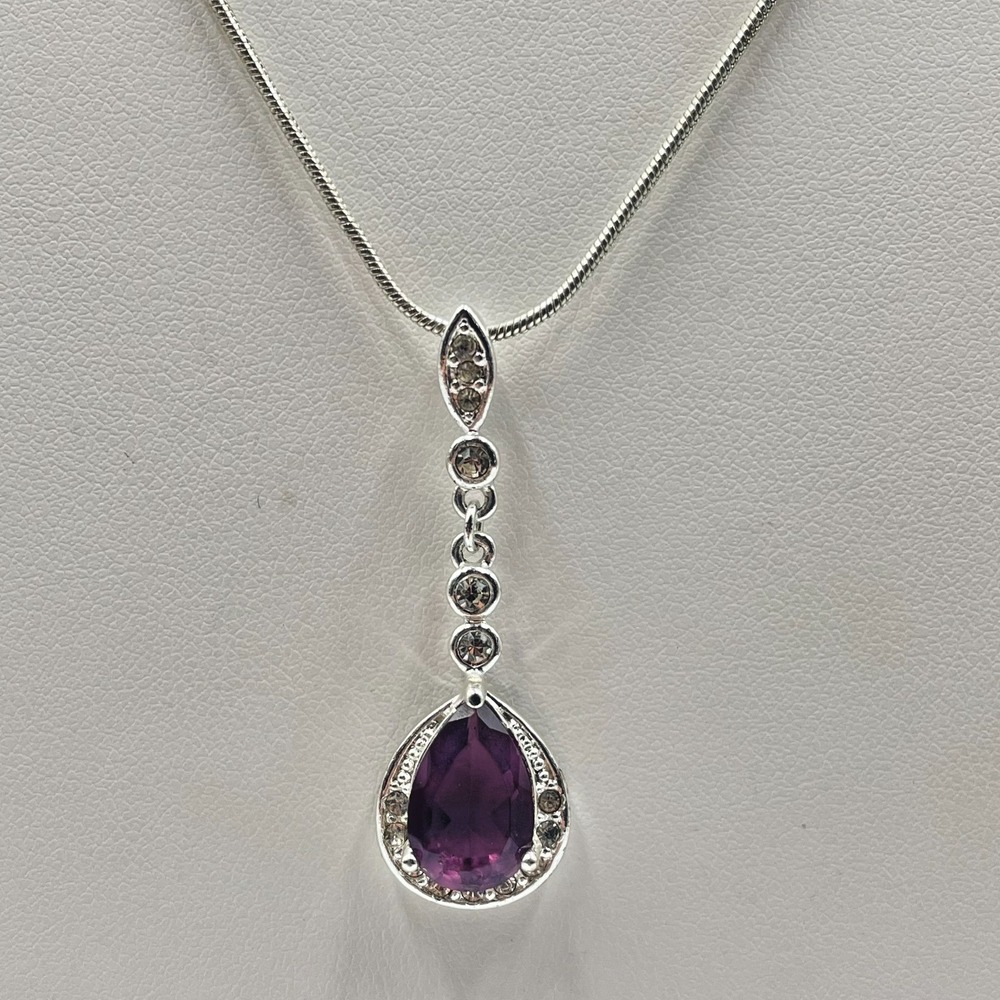 Vintage RMN Purple Pear Cut Glass Pendant Silver Tone Snake Chain Necklace